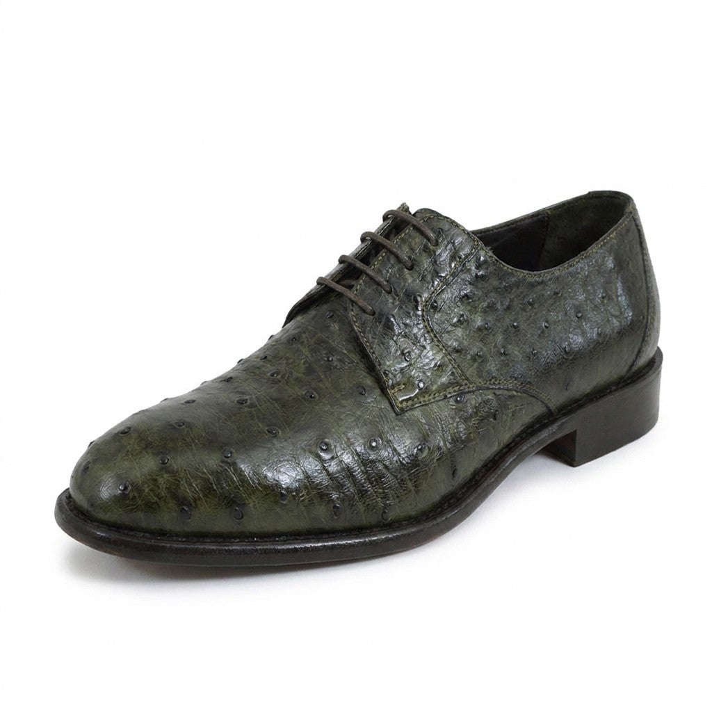 Calzoleria Toscana Toscana 3414 green ostrich leather lace-up shoes on display, detailed view of textured finish and classic design.