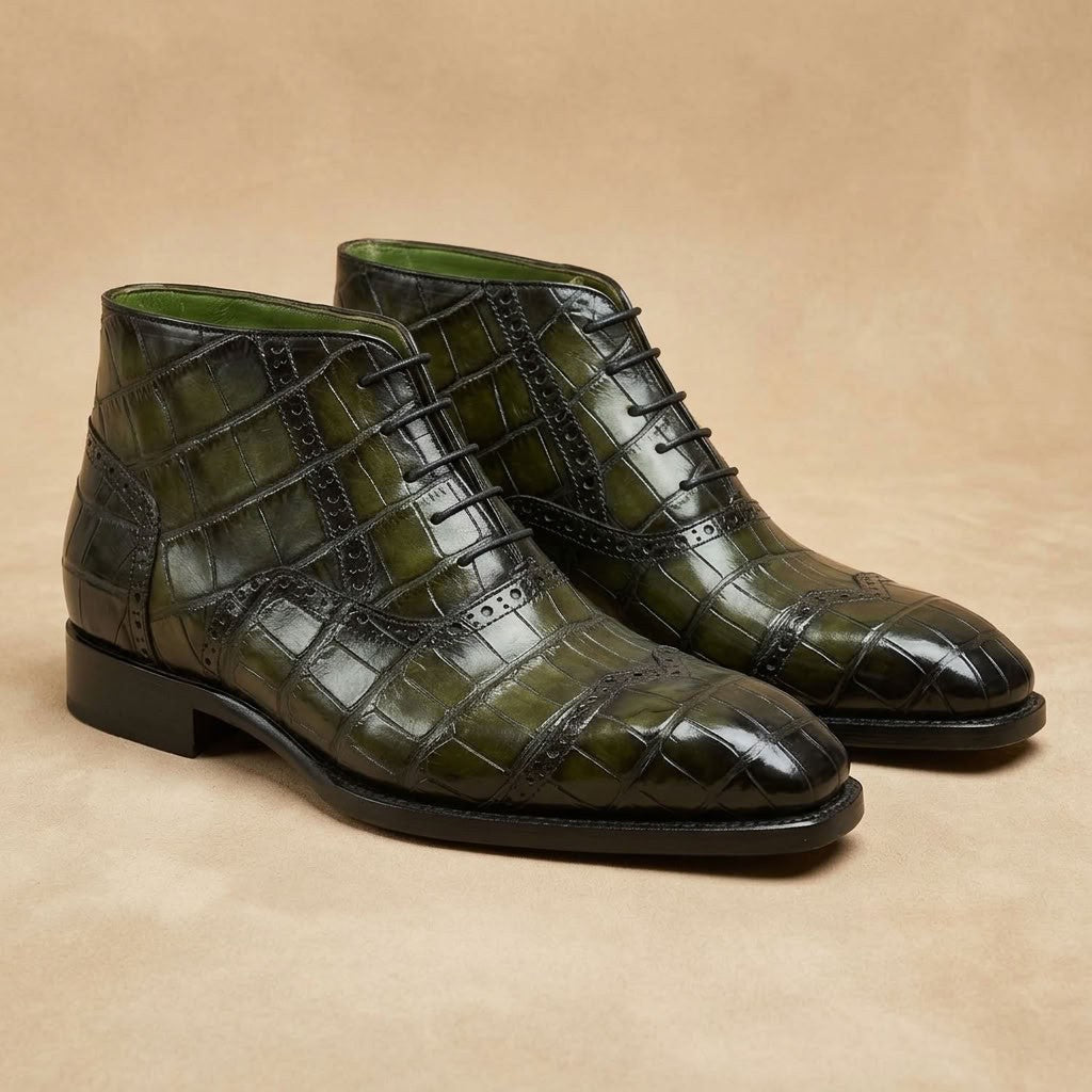 Sheriff Green Alligator Skin Wingtip Boot showing detailed alligator leather texture and classic wingtip design.