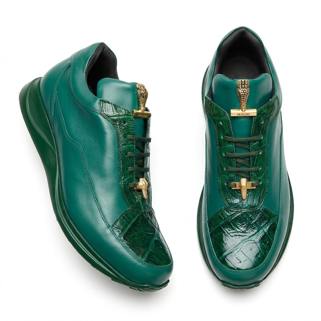 Mauri 8900 green Napa leather and crocodile sneakers with sleek design and textured leather accents.