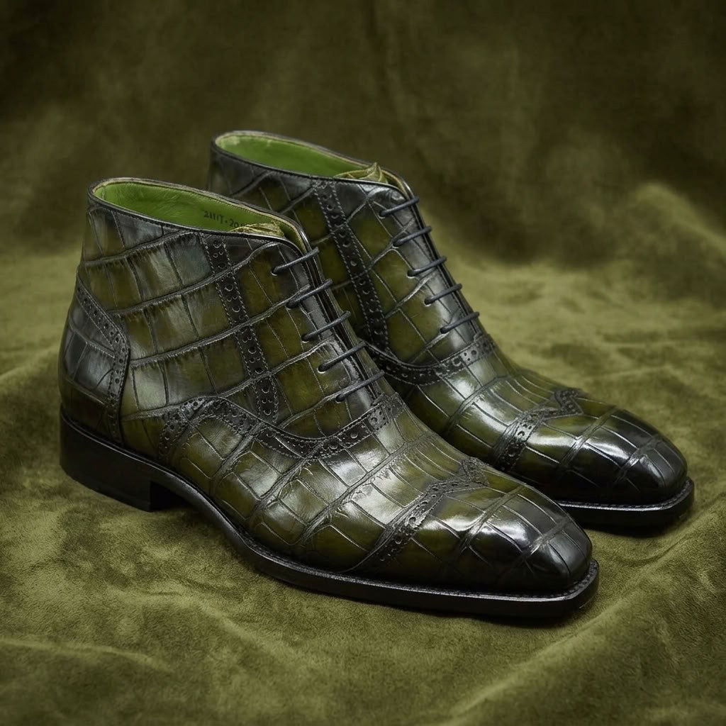 Sheriff Green Alligator Skin Wingtip Boot with detailed stitching and classic wingtip design, stylish and luxurious footwear.