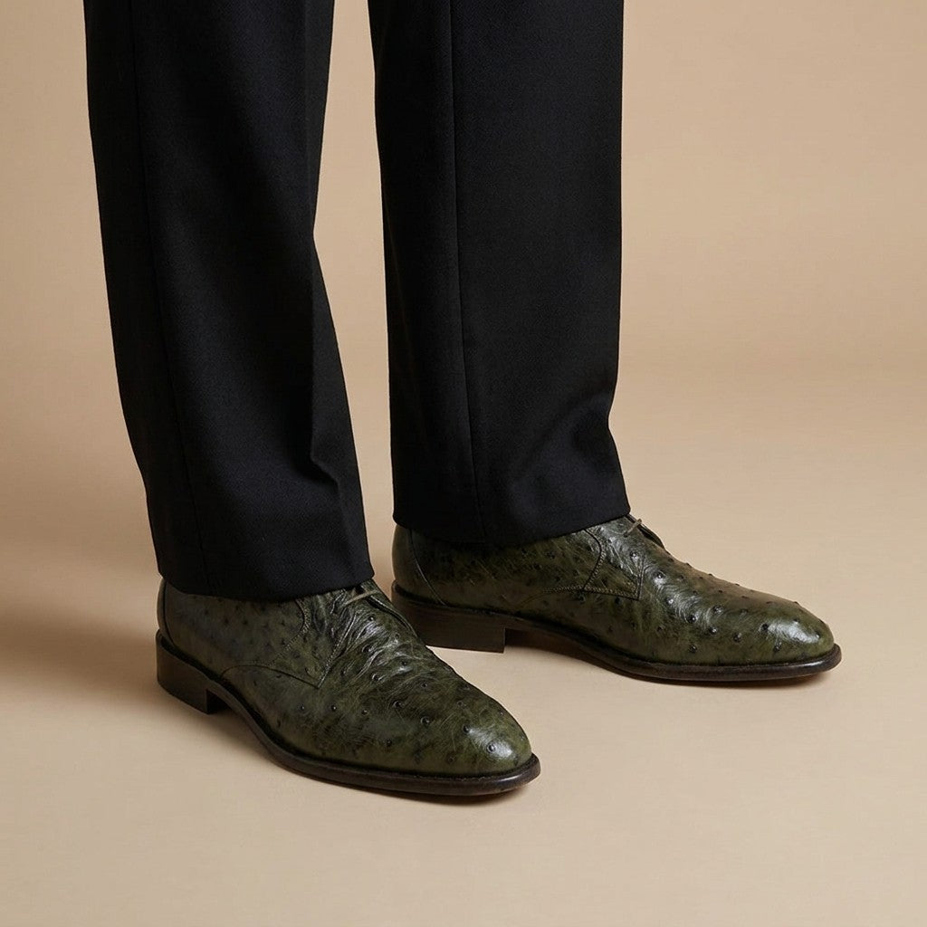 Green Calzoleria Toscana Toscana 3414 Ostrich Lace Up shoes with detailed ostrich leather and classic lace-up design.