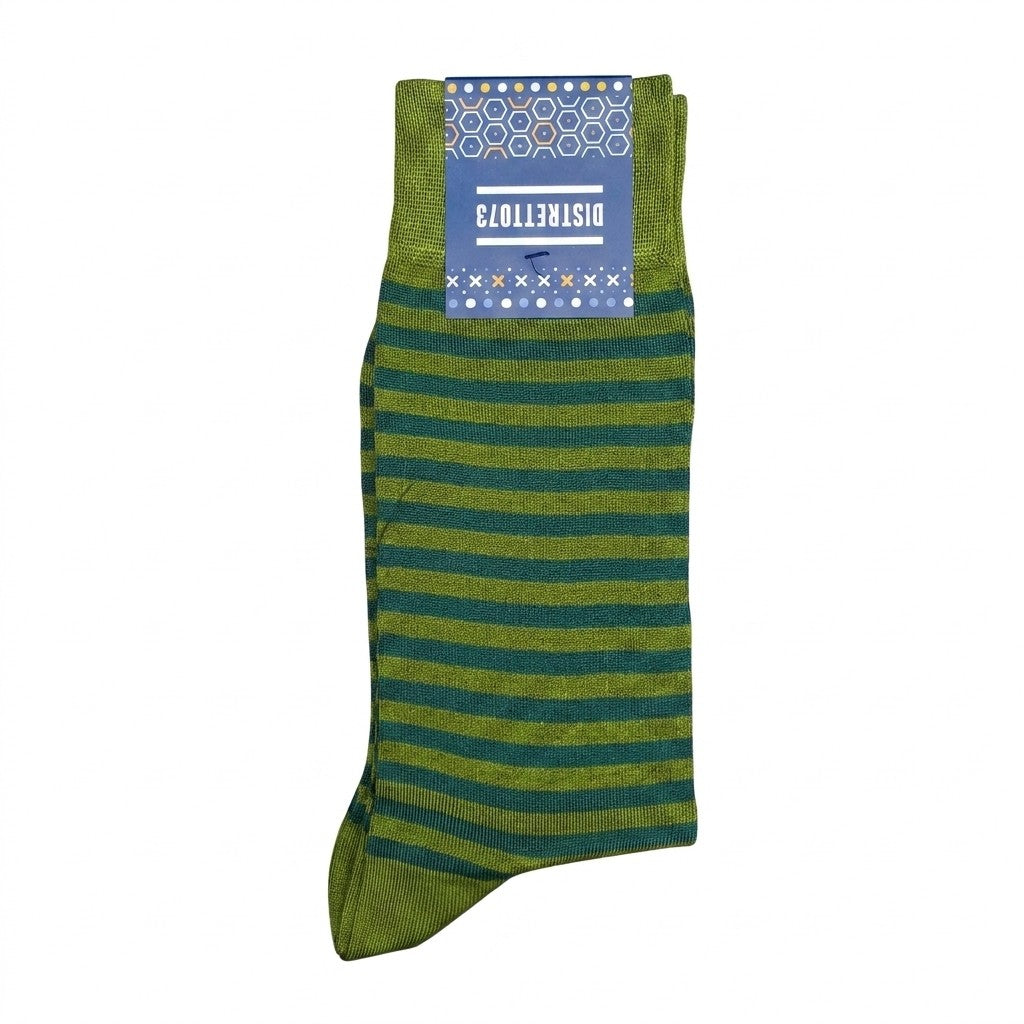 Cellini Uomo Distretto73 men's Filoscozia cotton striped crew socks in green with blue and white stripes, soft and comfortable.