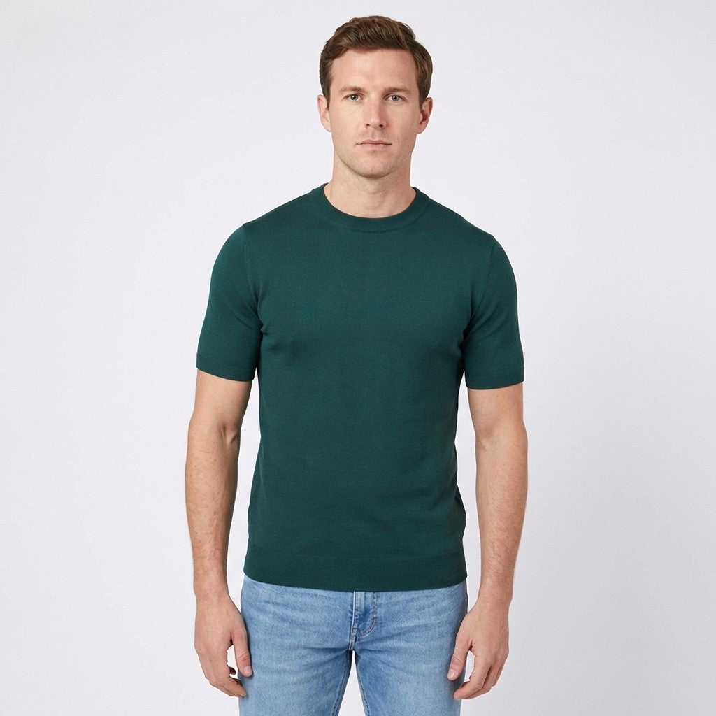 Green Prestige crew neck short sleeve shirt, model CMK-350, made of comfortable clothing fabric, displayed on a neutral background.