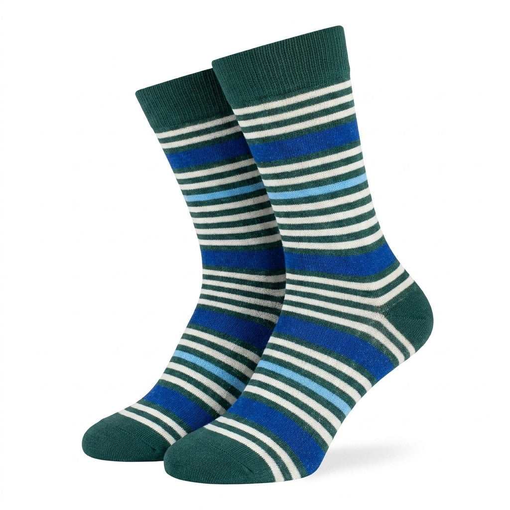 Green, blue, and white striped crew socks for men by Cellini Uomo, made with soft cotton from Distretto73 Filoscozia collection.