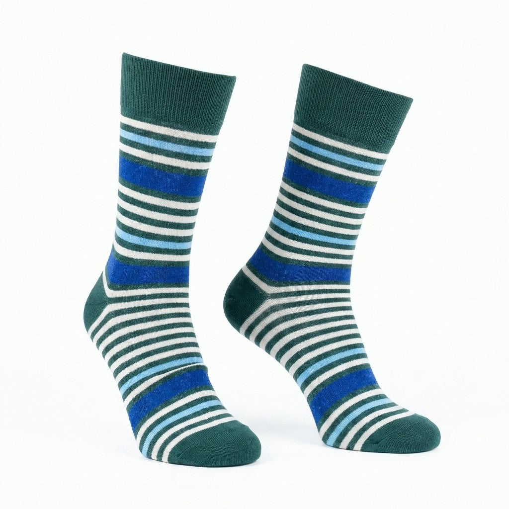 Green, blue, and white striped men's crew socks by Cellini Uomo, made from soft cotton in the Distretto73 Filoscozia collection.
