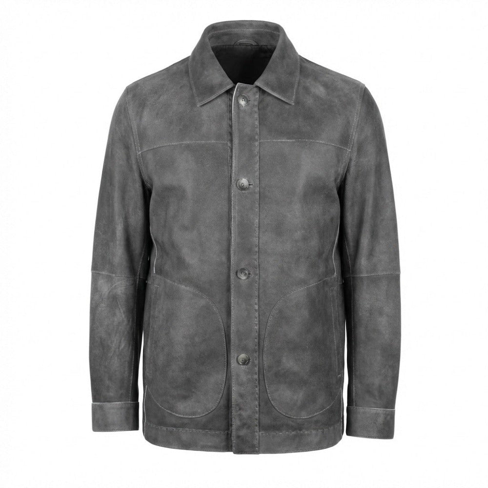 Grey Missani reversible distressed leather jacket, stylish coat with distressed details, versatile for casual or edgy outfits.