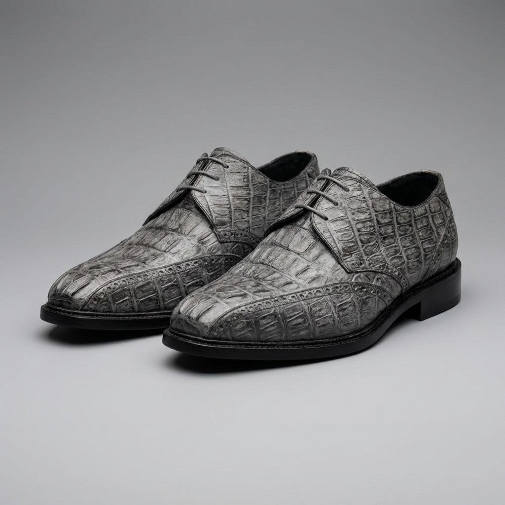 Grey Mauri 2670 Caiman Hornback lace-up dress shoes with detailed textured leather for formal wear.