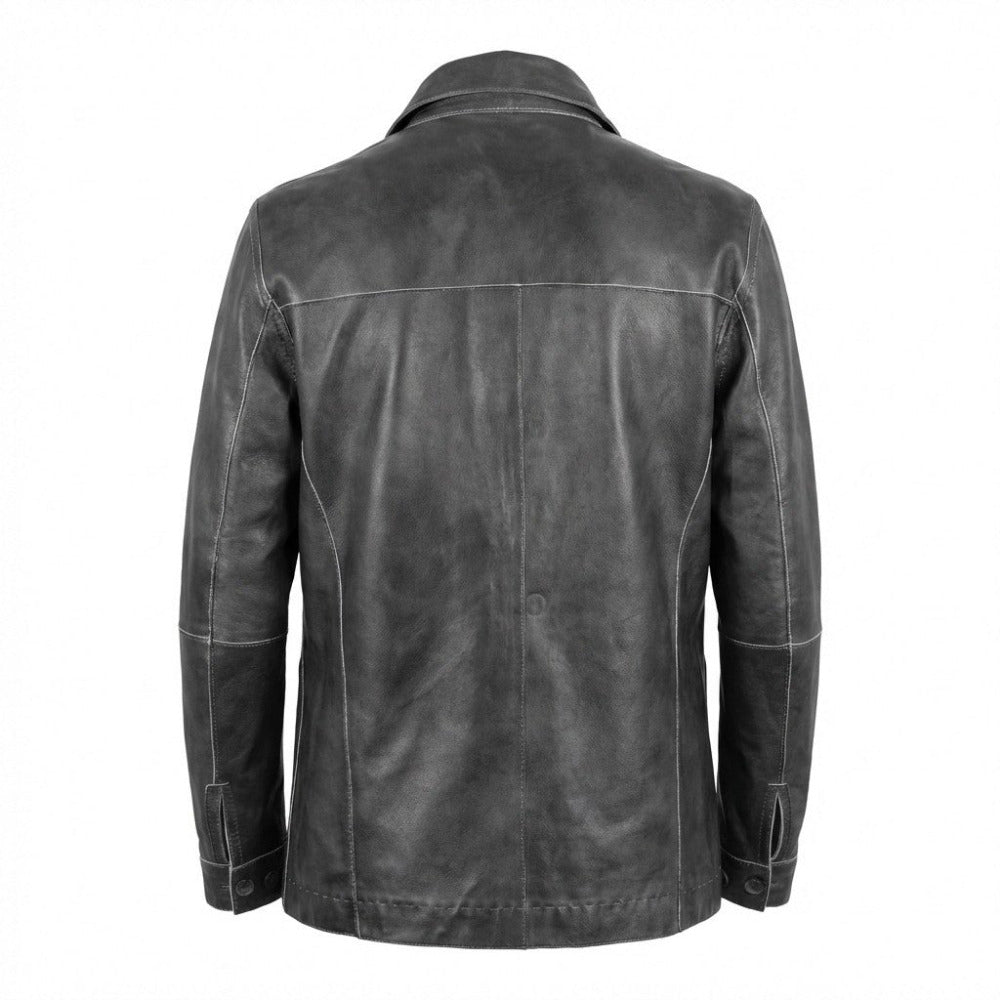 Missani reversible distressed leather jacket in grey, showcasing a stylish, rugged coat with a textured, worn-in leather finish.