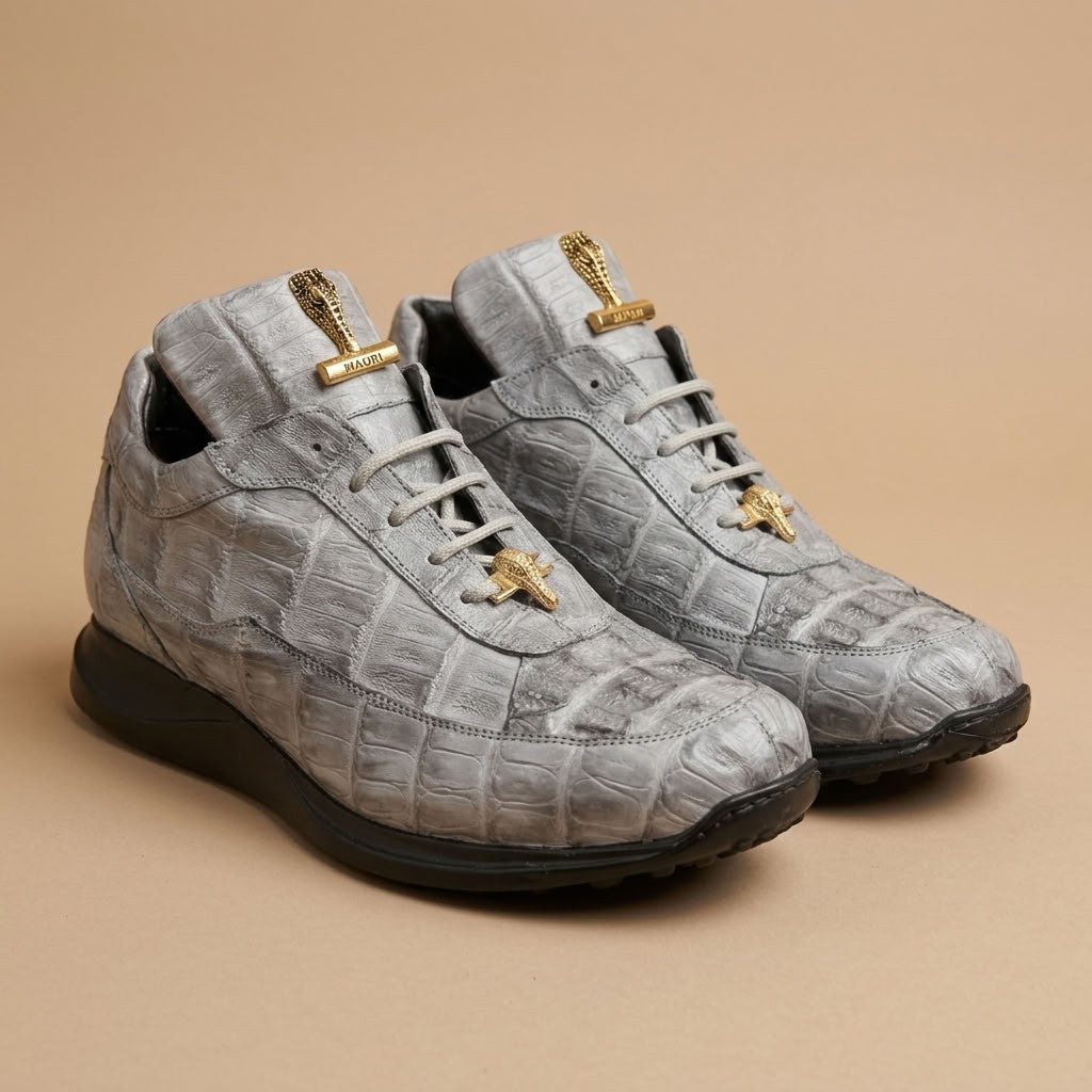 Mauri 8900 Caiman Fuscus sneakers in gray with textured caiman leather upper and lace-up design