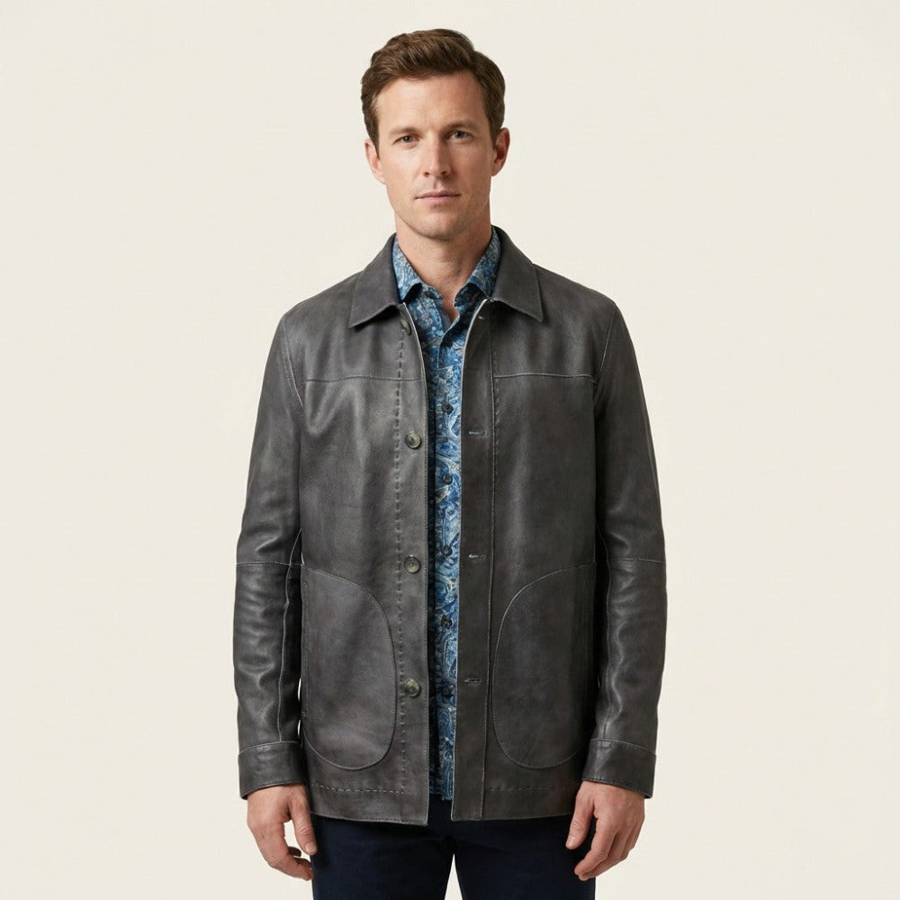 Missani reversible distressed grey leather jacket with a rugged, stylish look, shown on a hanger.