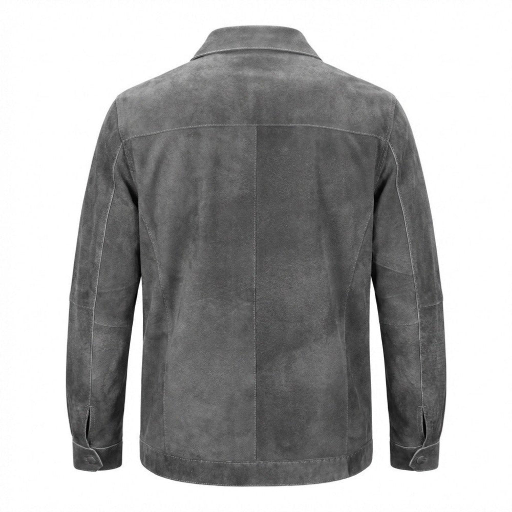 Missani reversible distressed grey leather jacket, stylish coat with worn finish, featuring a classic collar and zip closure.