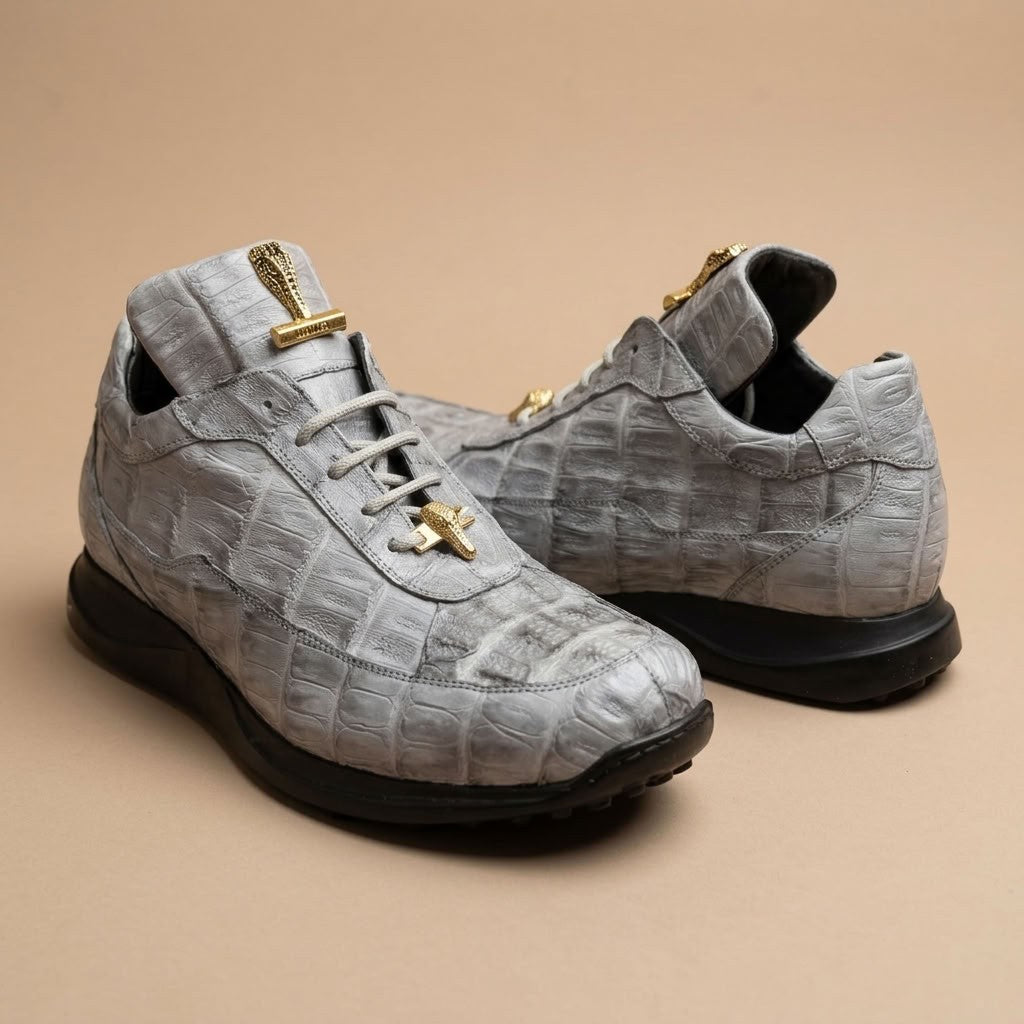 Mauri 8900 Caiman Fuscus sneakers in grey with textured caiman leather uppers and lace-up design