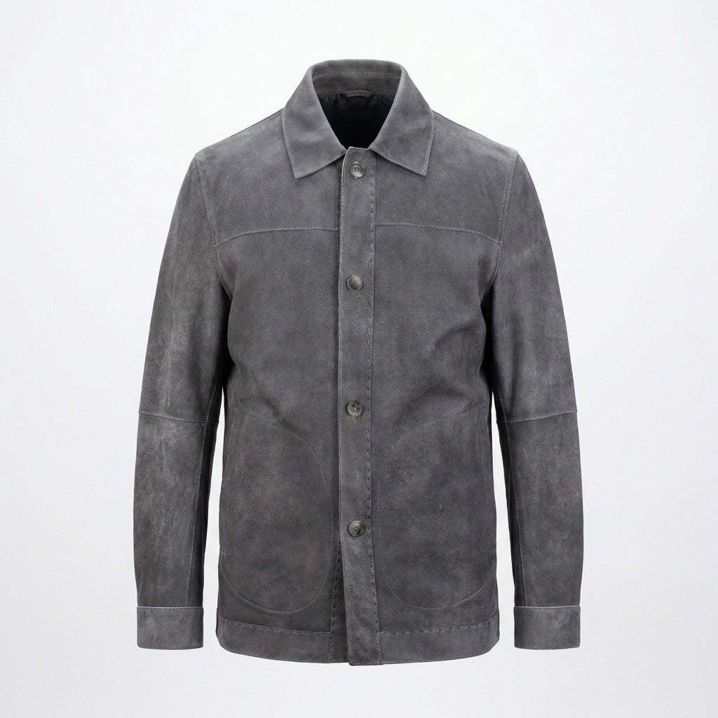 Grey Missani reversible distressed leather jacket, stylish coat with a rugged, textured finish and versatile design.