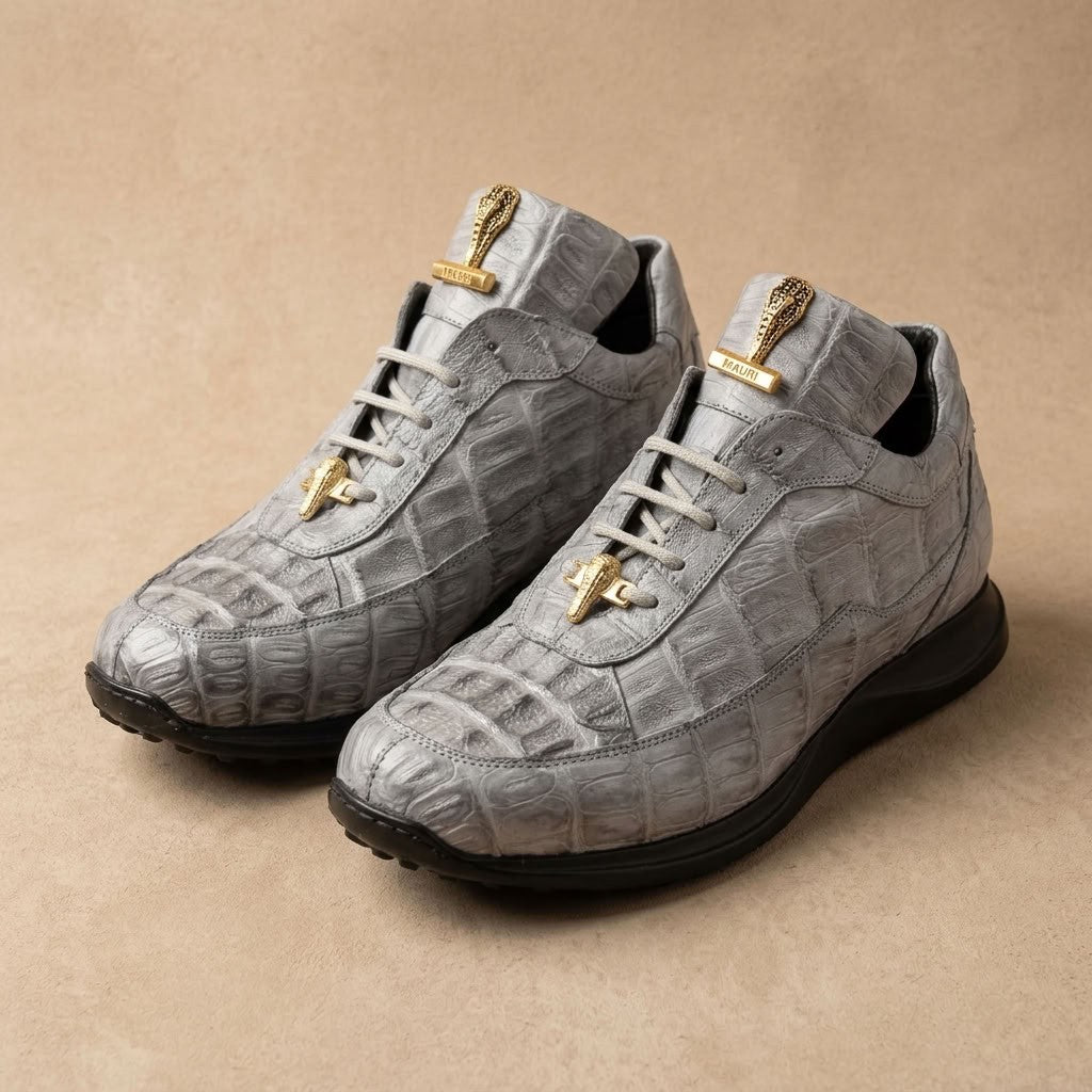 Mauri 8900 Caiman Fuscus sneakers in grey with textured caiman leather detail and lace-up design