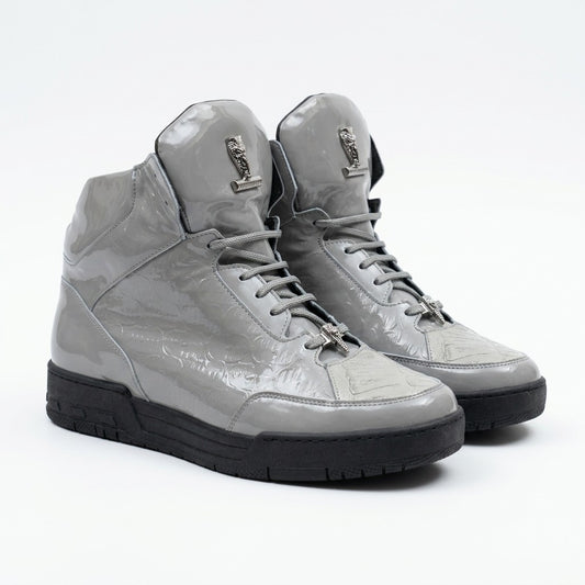 Mauri 8429 grey patent leather and crocodile high-top sneakers with white soles and stylish design.