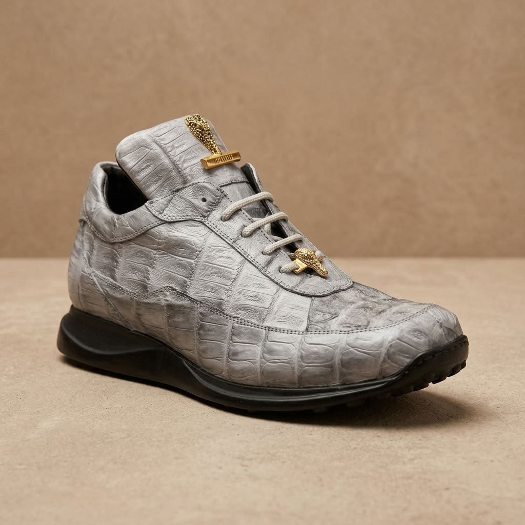 Mauri 8900 Caiman Fuscus sneakers in gray with textured caiman leather and lace-up design
