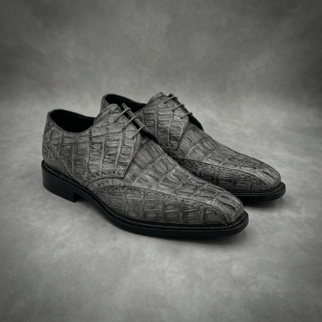 Mauri 2670 Caiman Hornback lace-up dress shoes in grey, featuring textured exotic leather and sleek design.