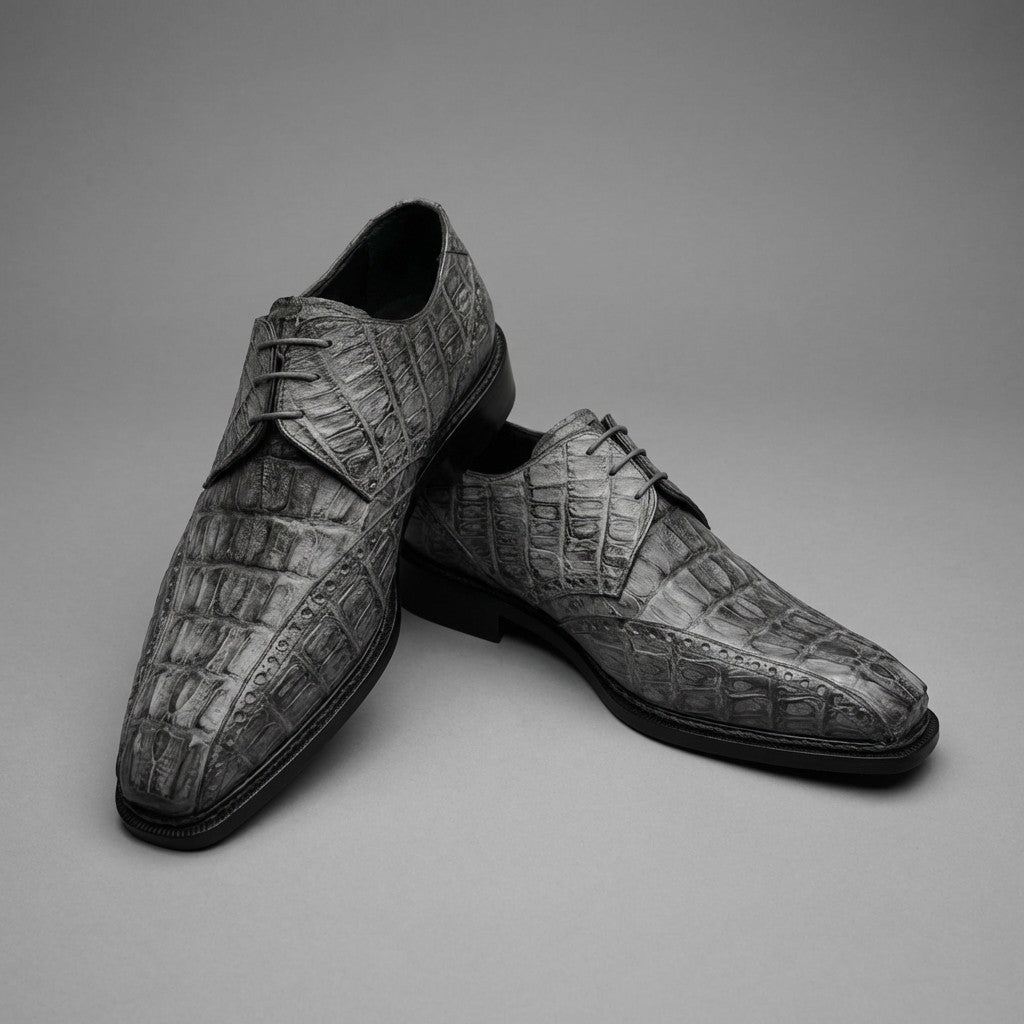 Mauri 2670 Caiman Hornback lace-up dress shoes in grey leather with detailed hornback crocodile pattern, stylish formal footwear.