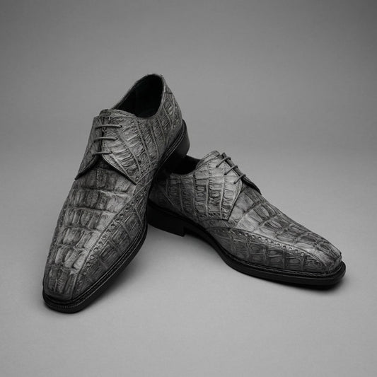 Mauri 2670 Caiman Hornback lace-up dress shoes in grey leather with detailed hornback crocodile pattern, stylish formal footwear.