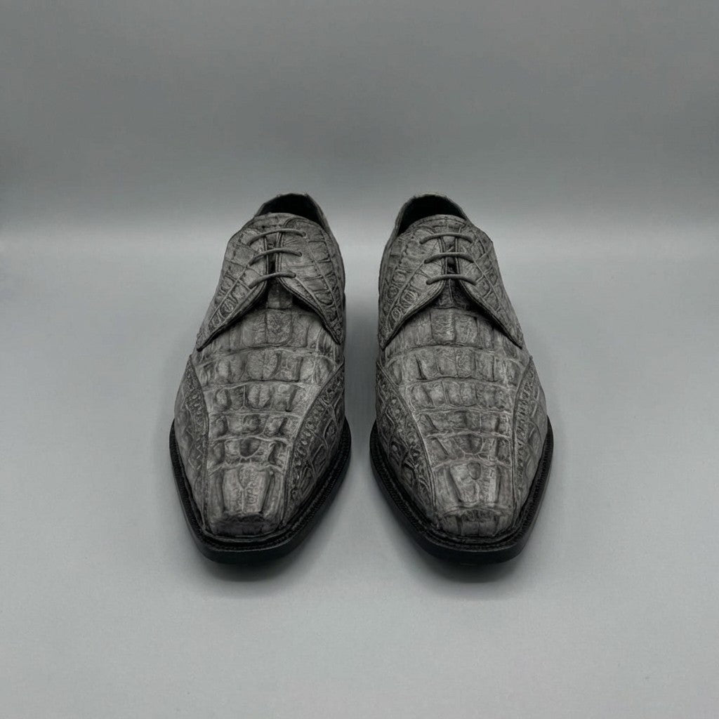 Mauri 2670 Caiman Hornback lace-up dress shoes in grey leather with detailed hornback crocodile pattern, stylish men's footwear
