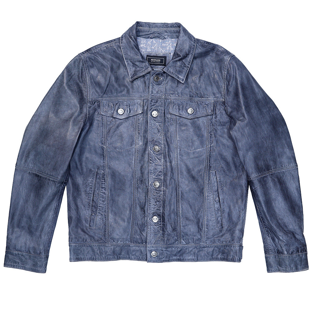 Grey Missani Le Collezioni BF leather jean jacket with classic collar and button-front closure, stylish and versatile outerwear.