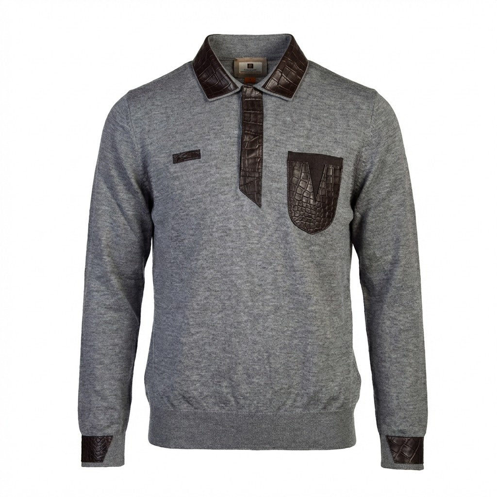 Cellini Polo Skinz Alligator long sleeve wool shirt in grey, featuring detailed alligator embroidery and classic button-up design.