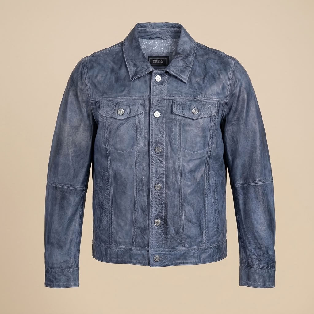 Missani Le Collezioni BF leather jean jacket in grey, stylish coats and jackets with classic denim and leather details.