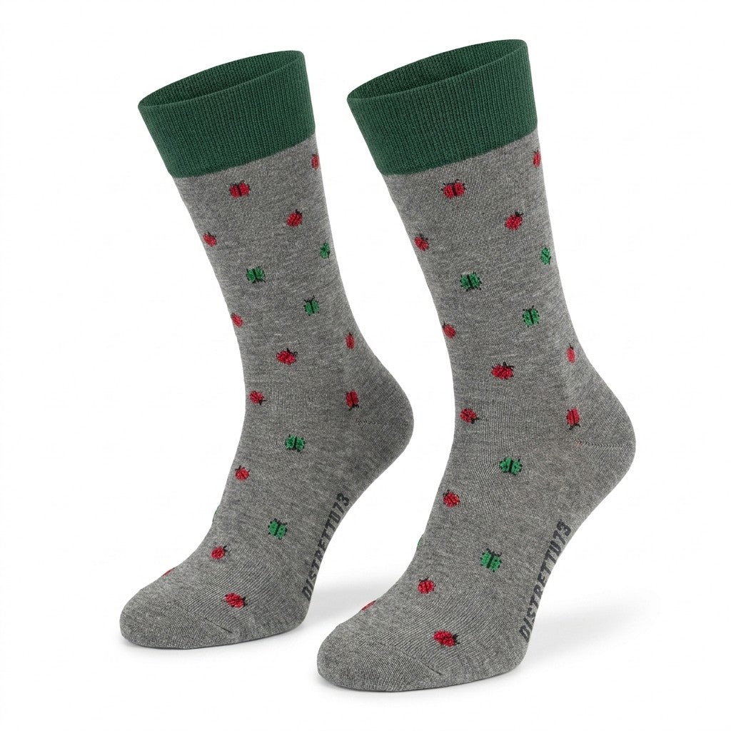 Gray-green men's Filoscozia cotton socks by Cellini Uomo featuring playful ladybug patterns.