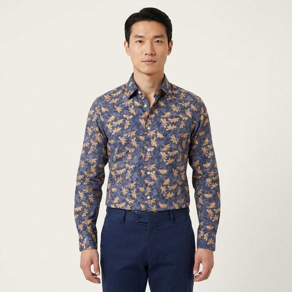 Tarcisio grey cotton button-up shirt with navy accents, casual style, long sleeves, and collar for men.