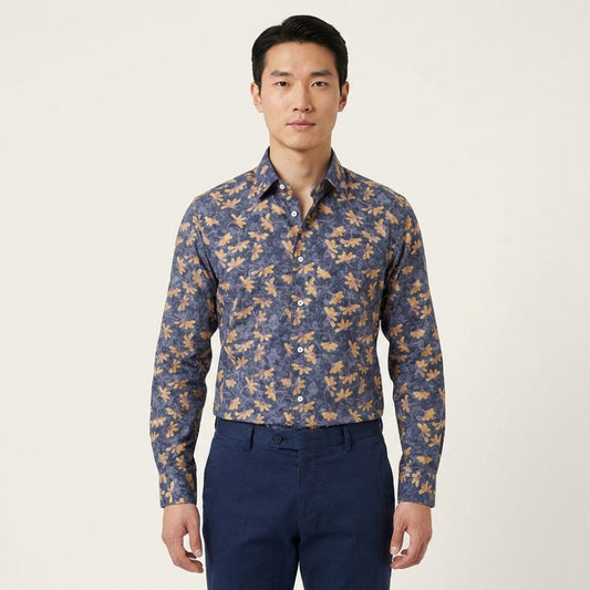Tarcisio grey cotton button-up shirt with navy accents, casual style, long sleeves, and collar for men.