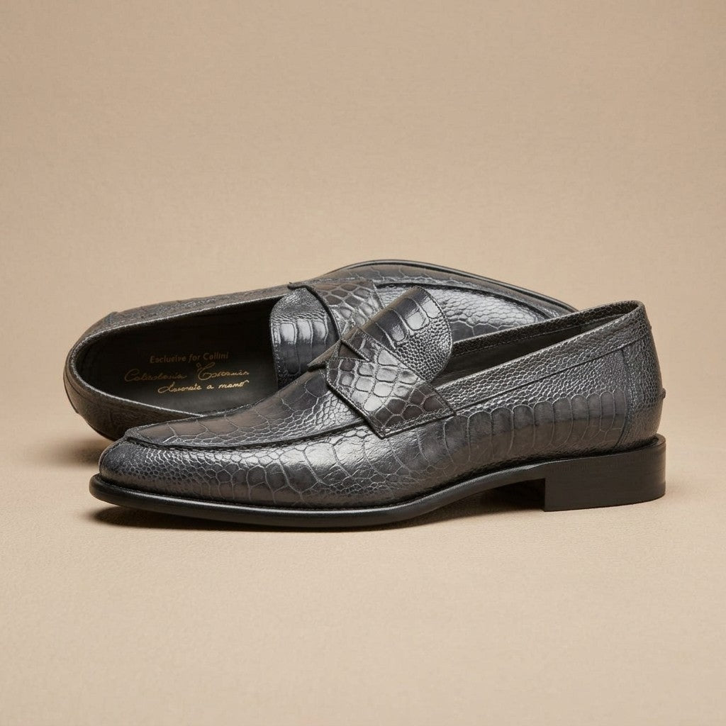Marfa Calzoleria Toscana Ostrich Leg & Caiman Crocodile Penny Loafers