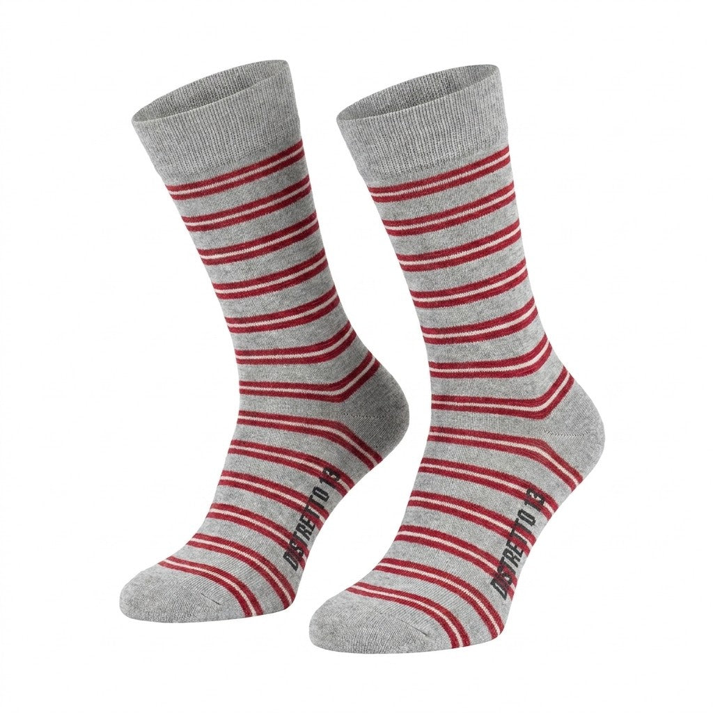 Cellini Uomo Distretto73 men's Filoscozia cotton crew socks with grey and red striped pattern on soft, comfortable fabric.
