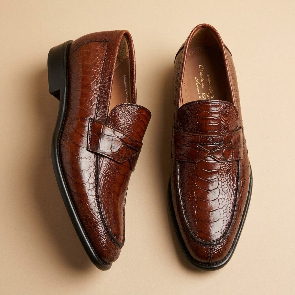Marfa Calzoleria Toscana Ostrich Leg & Caiman Crocodile Penny Loafers