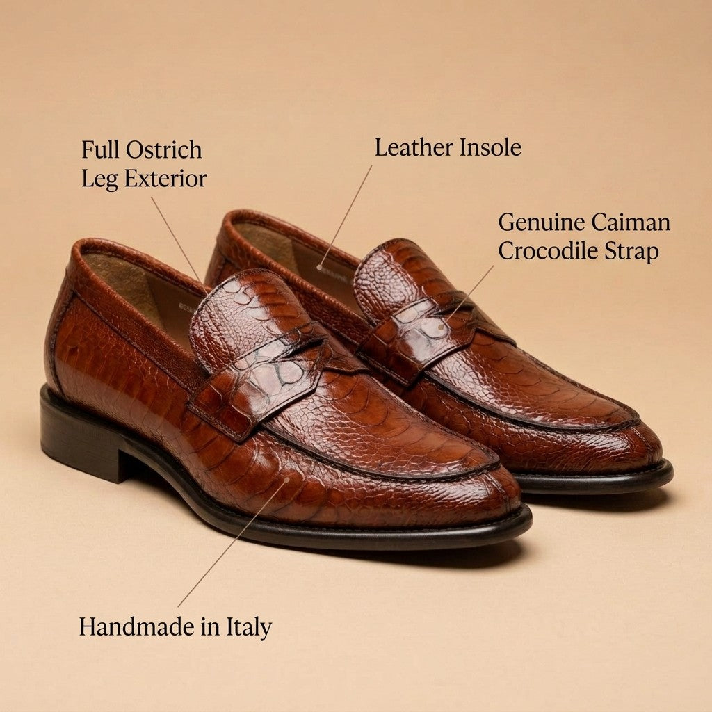 Marfa Calzoleria Toscana Ostrich Leg & Caiman Crocodile Penny Loafers