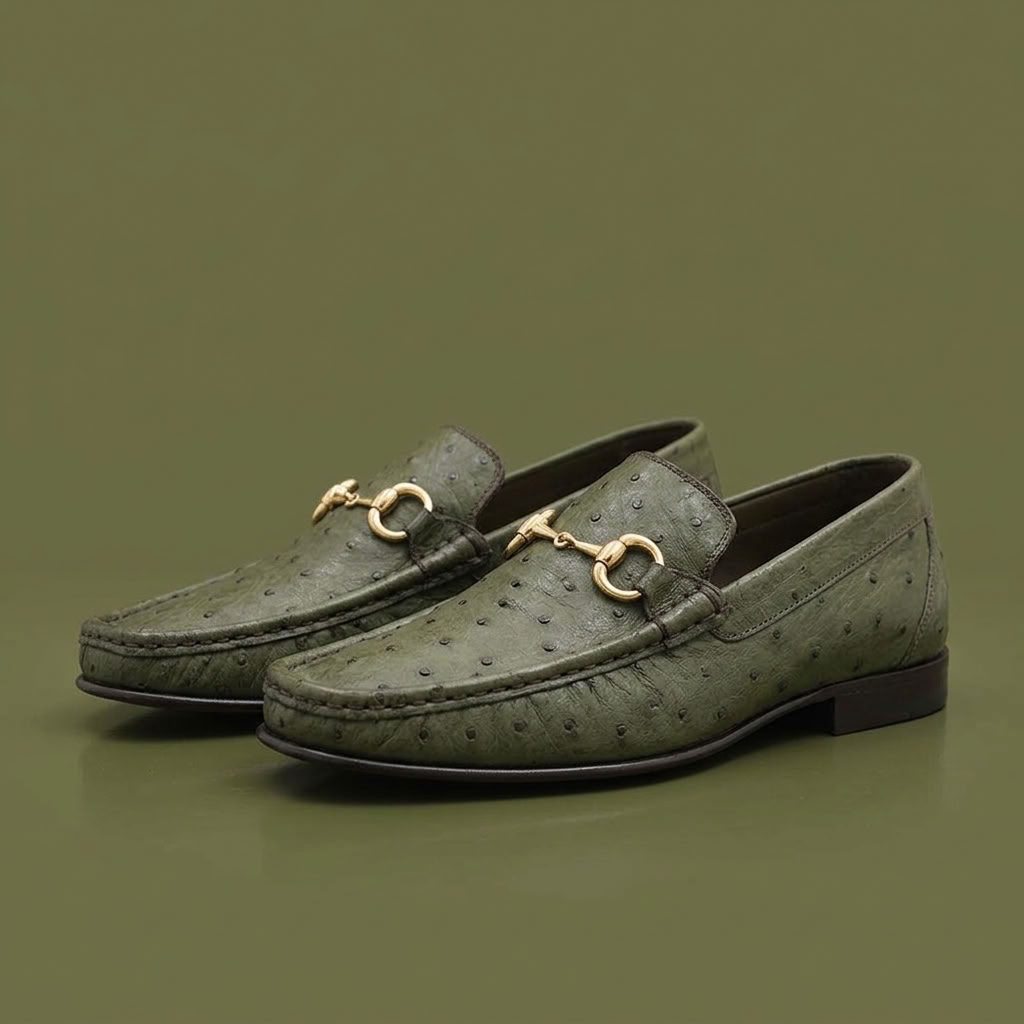 Calzoleria Toscana V2-3238 ostrich leather loafers in dark colors, stylish men's slip-on shoes with detailed stitching.