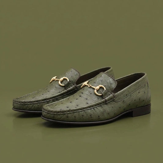 Calzoleria Toscana V2-3238 ostrich leather loafers in dark colors, stylish men's slip-on shoes with detailed stitching.