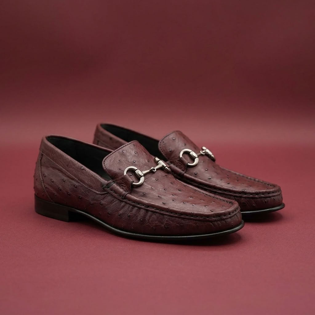 Calzoleria Toscana V2-3238 dark ostrich leather loafers with sleek design and polished finish, showcasing stylish men's footwear.