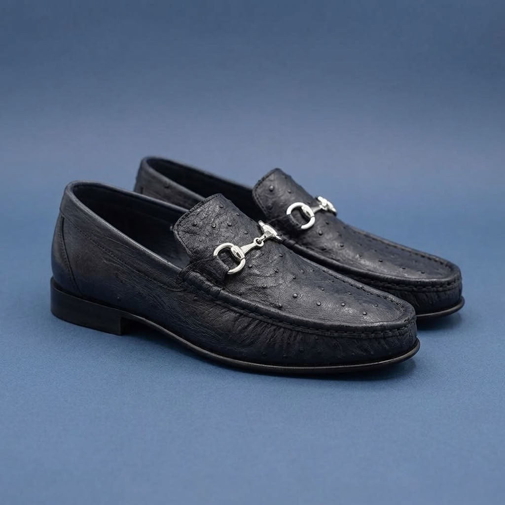 Calzoleria Toscana V2-3238 dark ostrich leather loafers with sleek design and polished finish, stylish men's footwear.