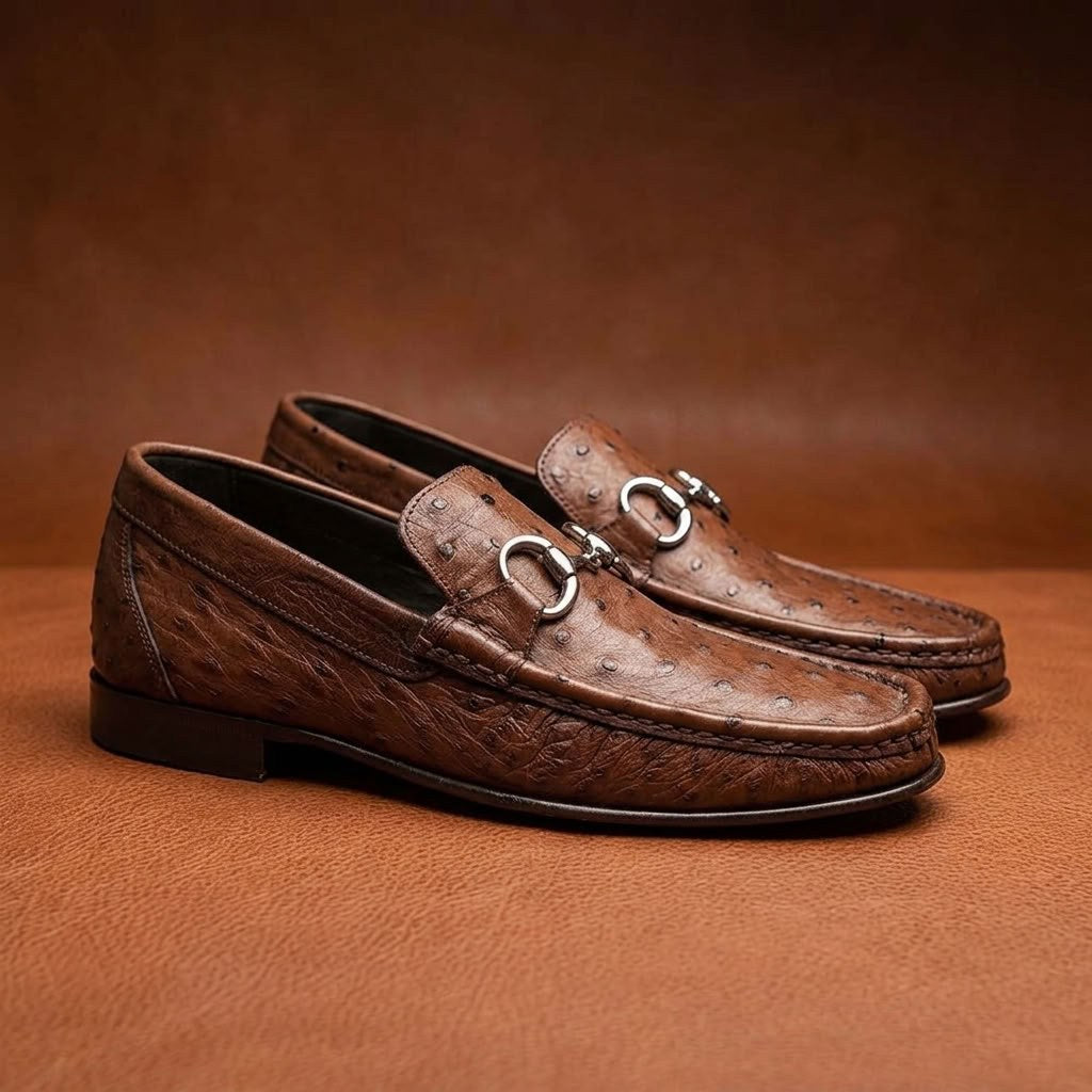 Calzoleria Toscana V2-3238 dark ostrich leather loafers featuring sleek design and polished finish.