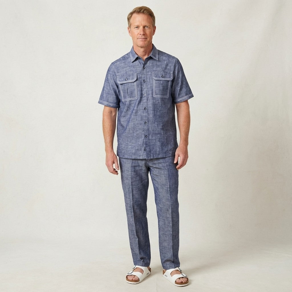 Blue denim jeans from Prestige Linen Set LUX-630, casual clothing with a classic fit and durable fabric.