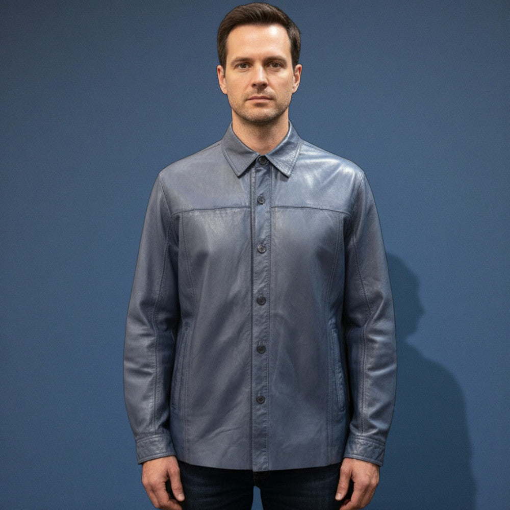 Missani Lamb Skin Leather Shirt Jacket in navy, featuring a stylish design, front buttons, and a sleek leather finish.