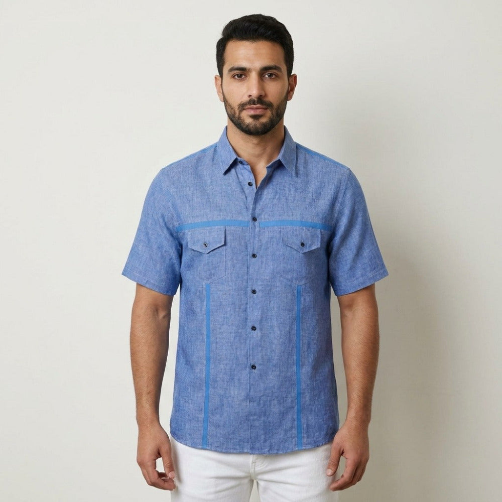 Light blue Torras linen short sleeve button-up shirt with lambskin trim, casual and stylish for warm weather.