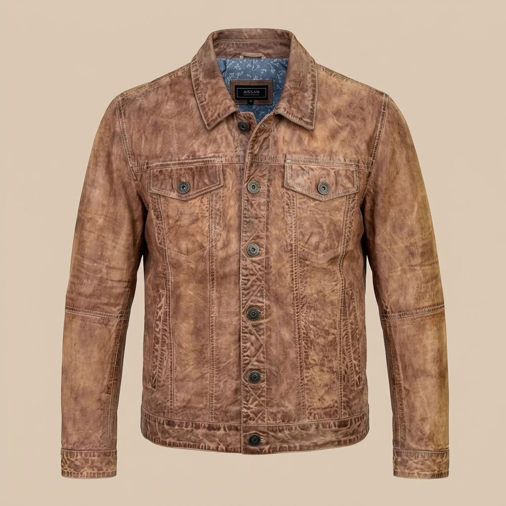 Missani Le Collezioni BF leather jean jacket in light brown, stylish coat with classic design and visible stitching details.