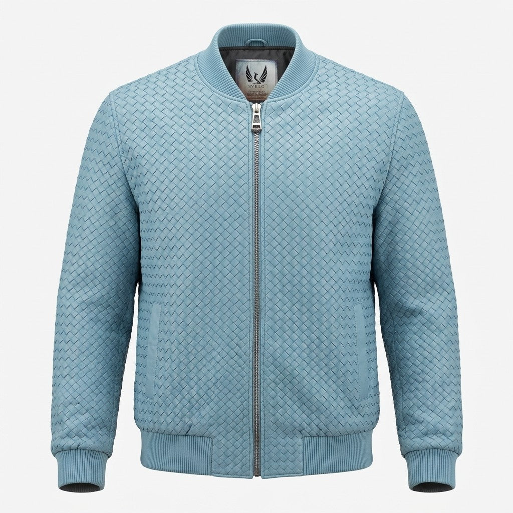 Men’s light blue SVELG woven bomber jacket made from 100% lambskin leather, featuring a stylish and premium design.