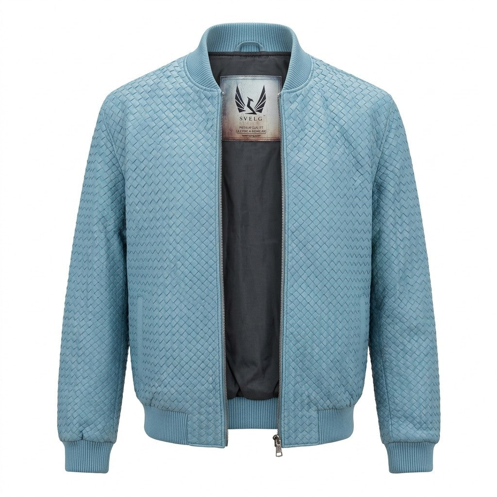 Light blue men's SVELG premium woven lambskin leather bomber jacket, stylish coat with detailed stitching and classic fit.