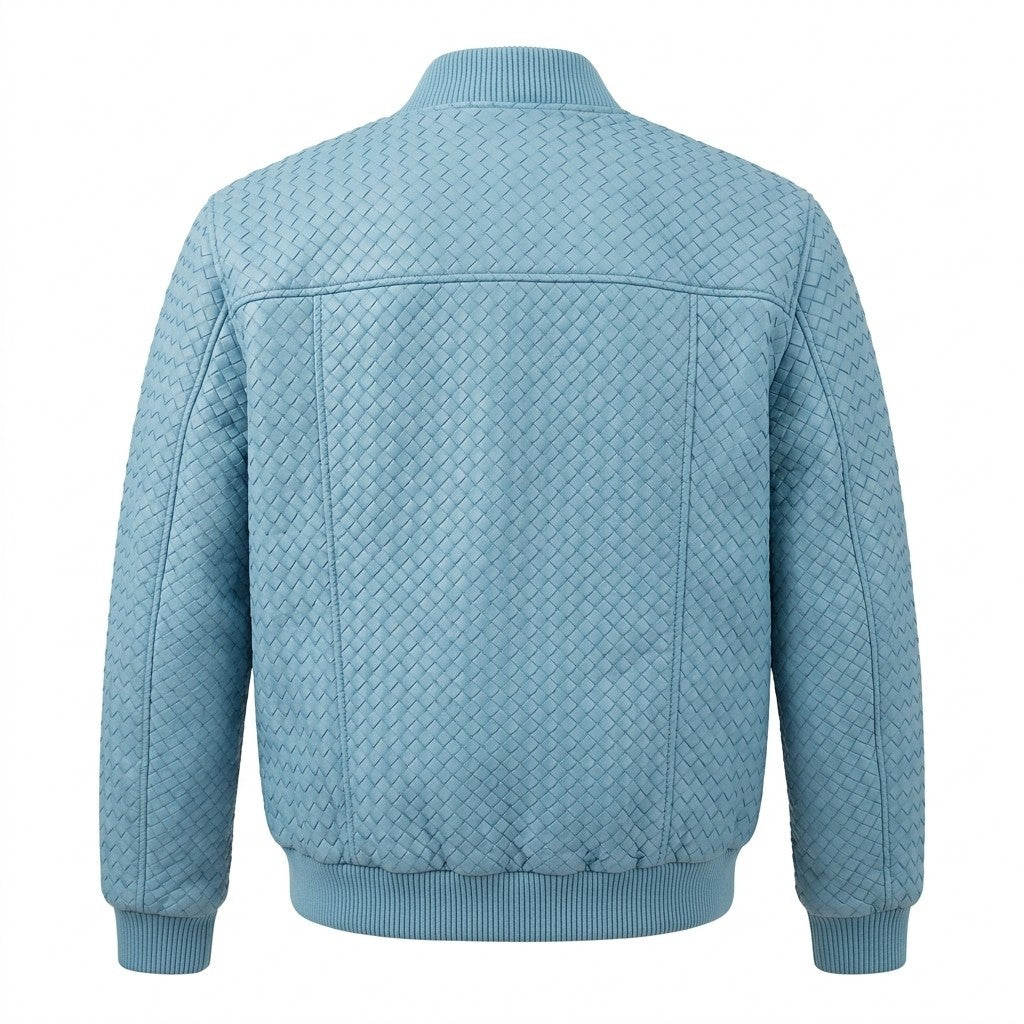 Men's SVELG premium woven light blue lambskin leather bomber jacket, stylish coat with detailed stitching and sleek design.