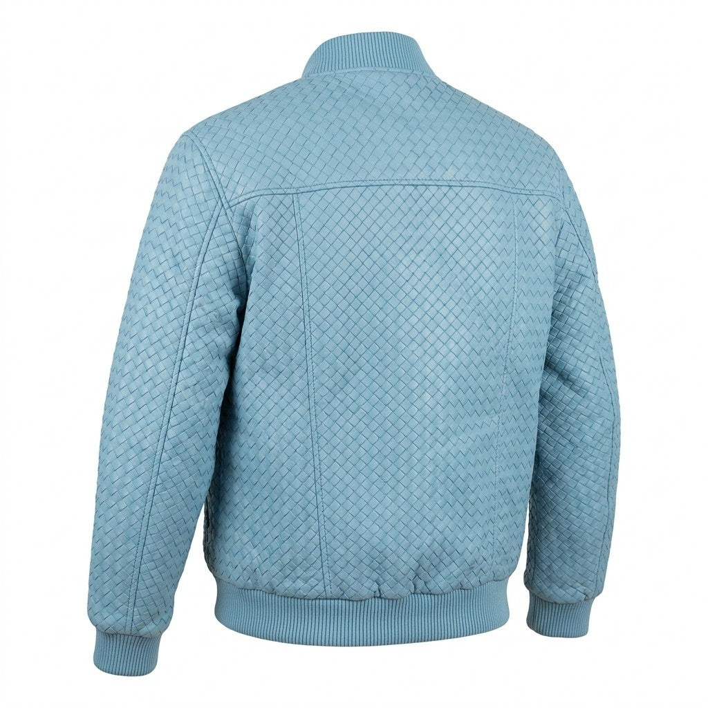 Men’s SVELG premium light blue woven lambskin leather bomber jacket, stylish coat with detailed stitching and classic design.
