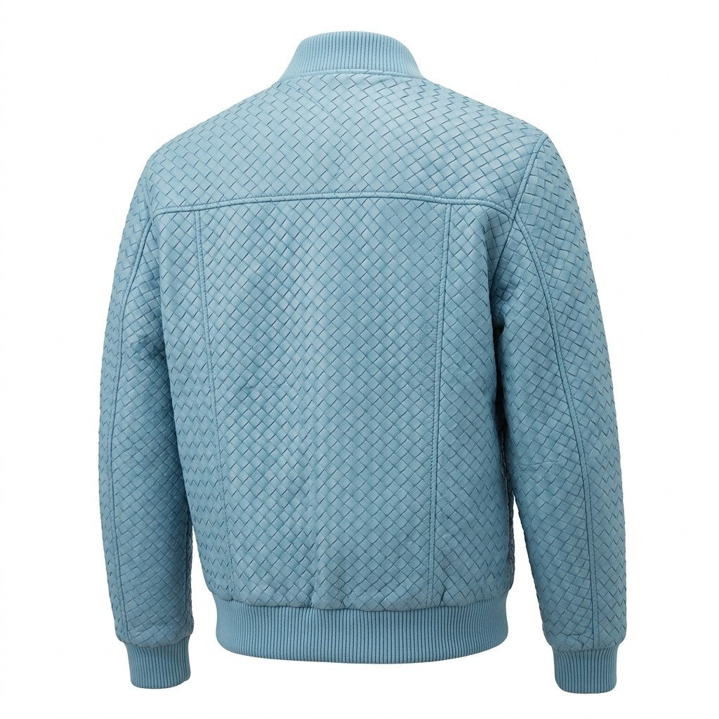 Men’s light blue SVELG premium woven lambskin leather bomber jacket, stylish coat with a modern fit and detailed craftsmanship.
