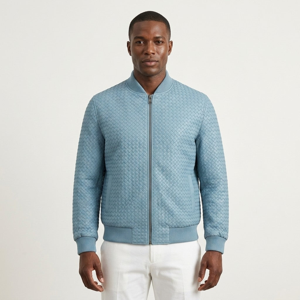 Men's SVELG premium woven leather bomber jacket in light blue, showcasing the sleek design and high-quality lambskin leather.