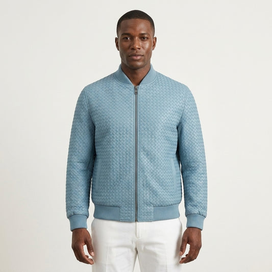 Men's SVELG premium woven leather bomber jacket in light blue, showcasing the sleek design and high-quality lambskin leather.